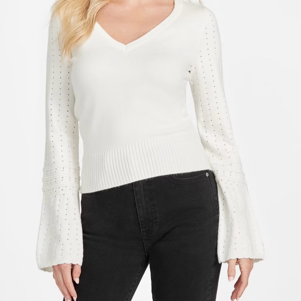 Guess Knit Off White Jenny Sweater Bell Sleeves Size Small Cottage Core NWOT